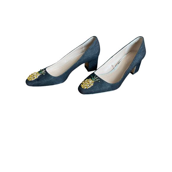 Denim Block Heels w/ Pineapple Rhinestones - Picture 2 of 6